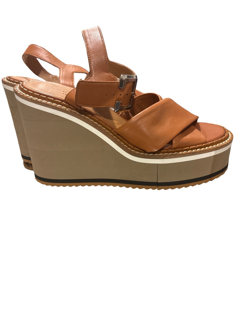 Robert Clergerie Tan Leather Wedge Sandals with Buckle